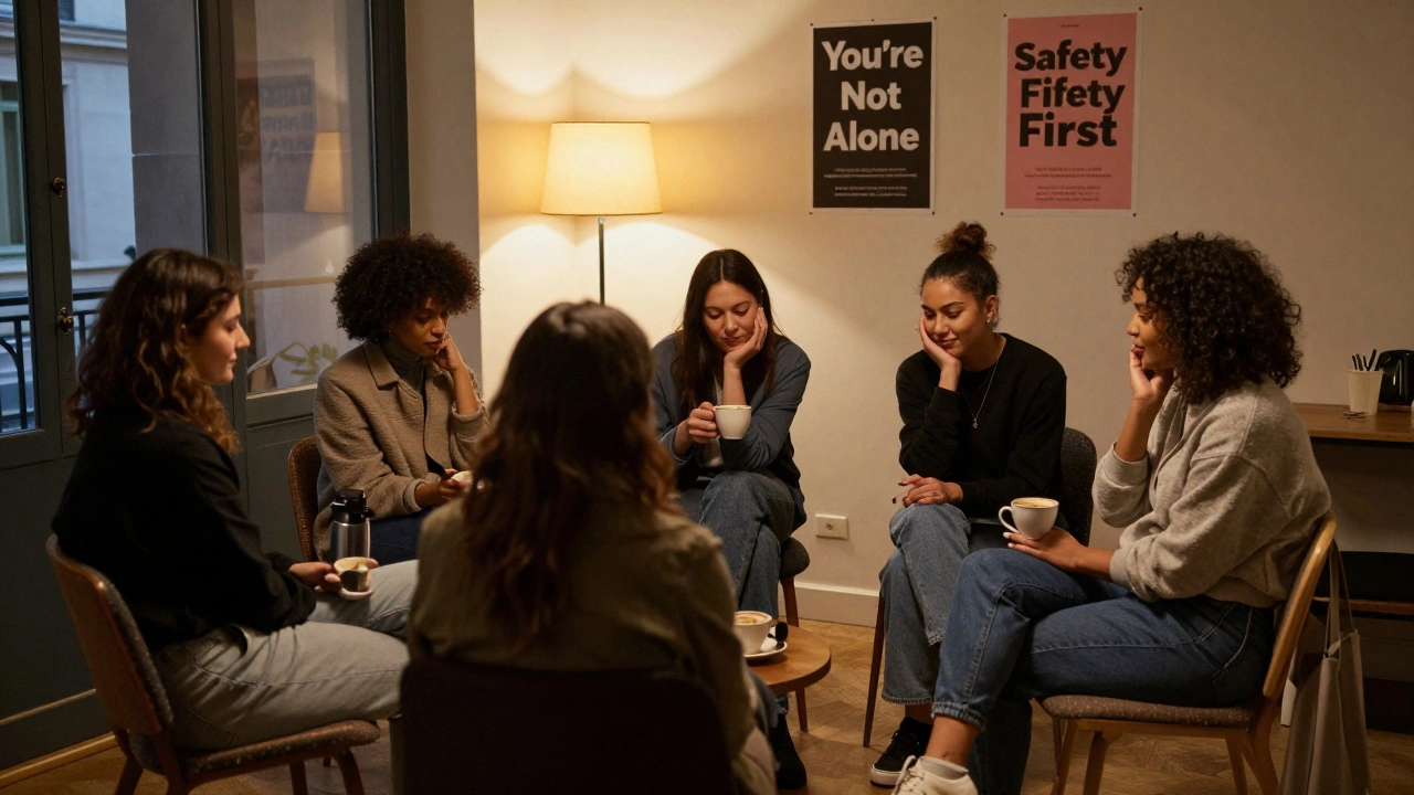 A group of sex workers sit together in silence, sharing coffee in a cozy community space.