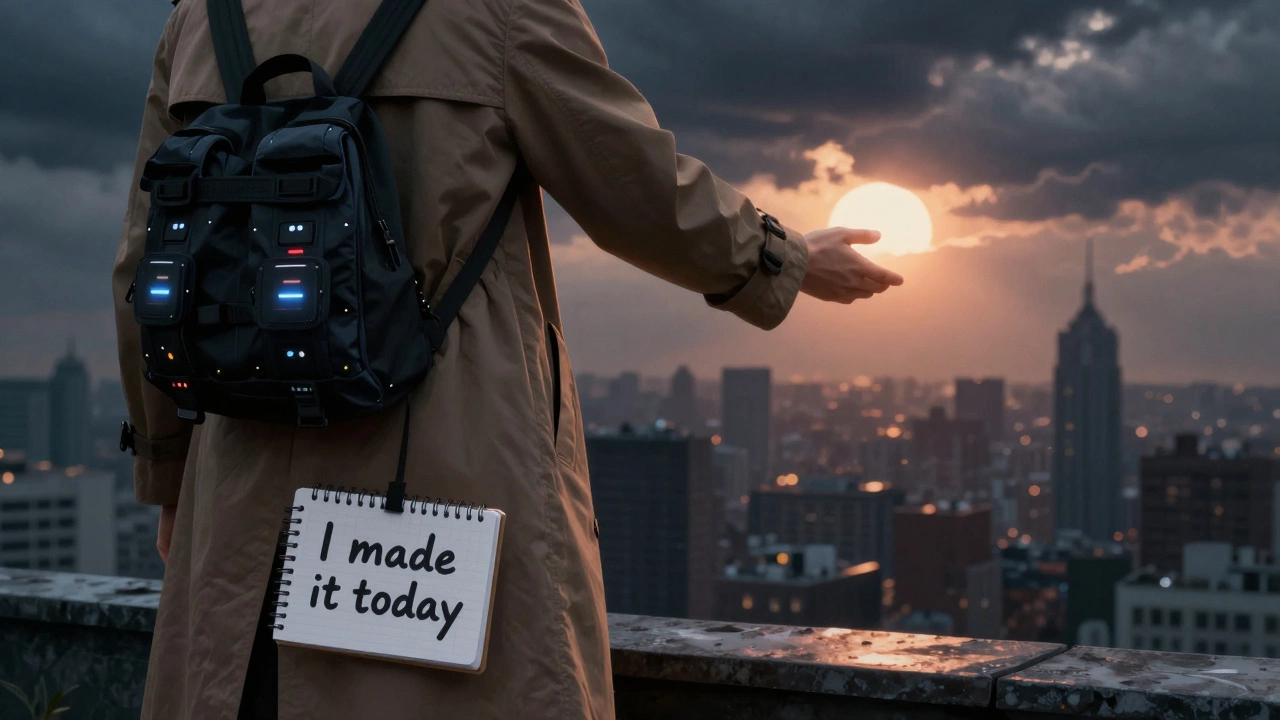 A person stands at dawn in a stormy city, holding a notebook and wearing hidden safety gear, sunrise breaking behind them.
