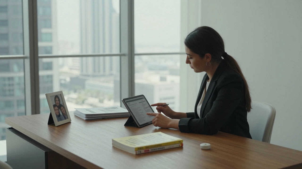 A professional woman reviews client details in a quiet Dubai apartment, surrounded by books and a discreet panic button.