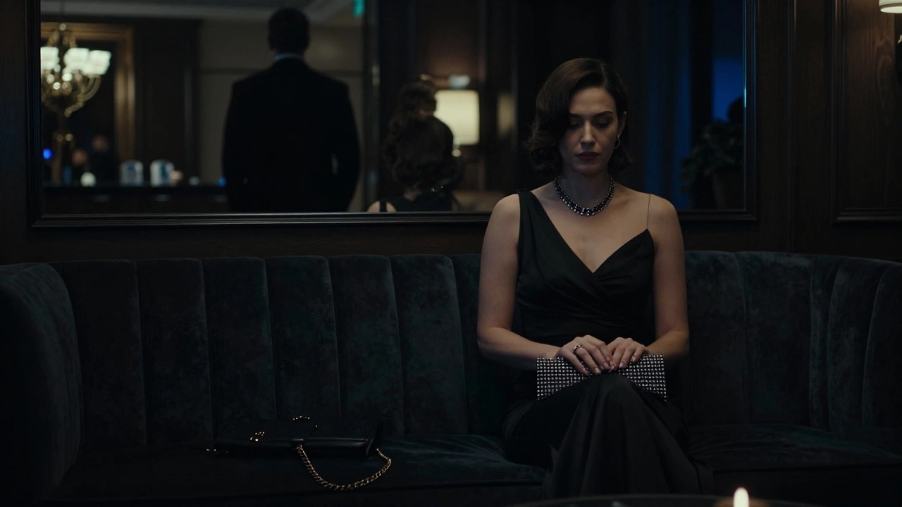 A woman waits alone in a luxury hotel lobby at night, her face partially shadowed, as a man approaches in silhouette.